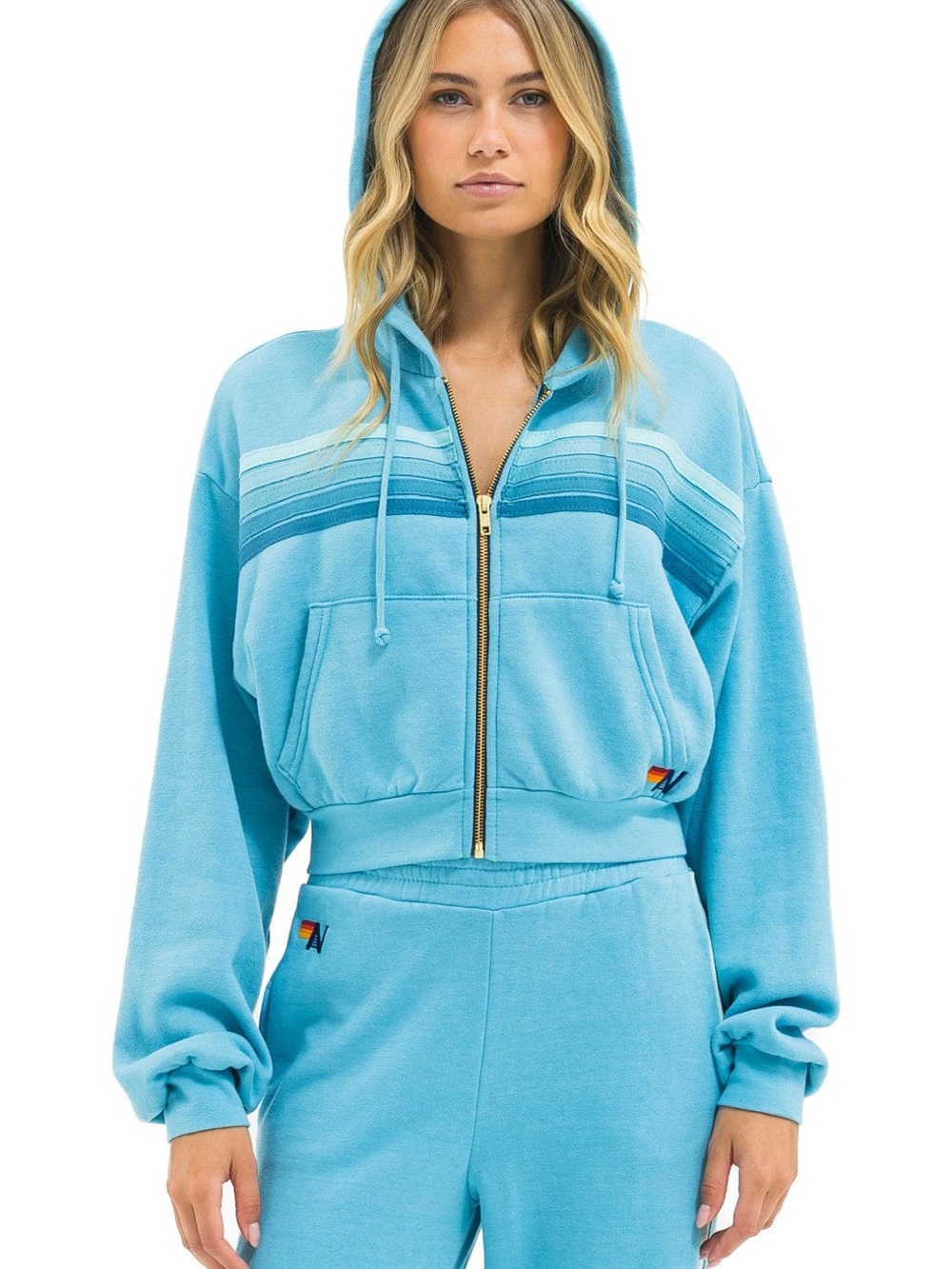 Aviator Nation 5 stripe aqua cropped hoodie and wide leg sweatpants NWOT XS set - Picture 2 of 16